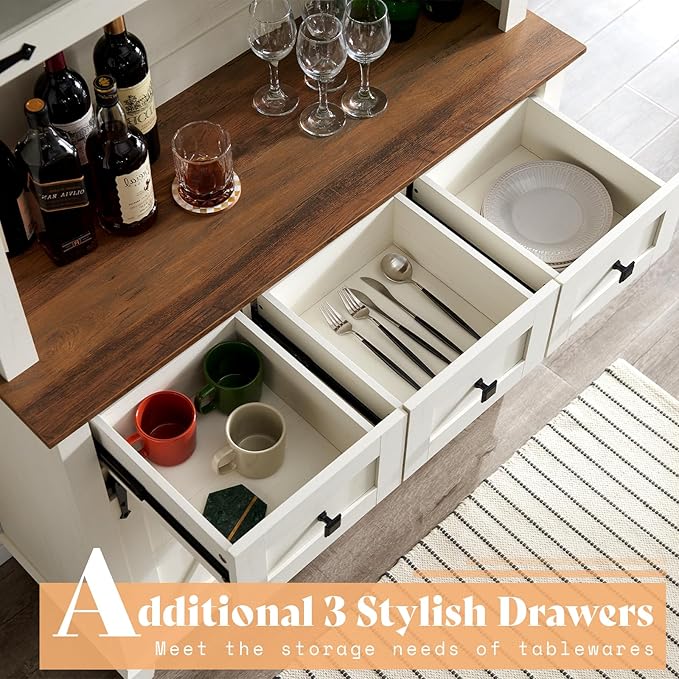 AMERLIFE 72" Coffee Wine Bar Cabinet with Sliding Barn Door, Farmhouse Kitchen Sideboard, Buffet Storage Table, 3 Drawers, LED Lights, Tall Hutch Home Bar for Dining Room, White
