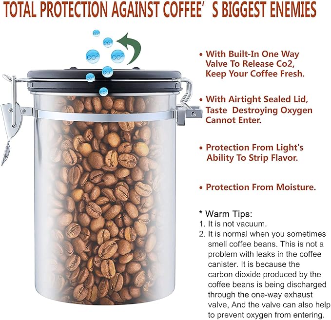 Airtight Coffee Bean Storage - with Co2 Valve Vacuum Sealed Coffee Container with Scoop For Beans Grounds Large Blue 21oz