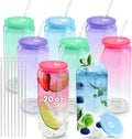 Joyclub 20oz Glass Cups with Acrylic Lids and Straws 8 Set Can Shaped Glass Iced Coffee Cups with Lids, Gradient Drinking Glasses Cute Tumbler Cup Great for Smoothie Soda Boba Tea Cocktail Beer Gift