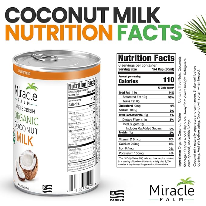 Miracle Palm Coconut Milk Unsweetened - Coconut Milk Canned, Additive Free Organic 13.5 Fl Oz (Pack of 6)