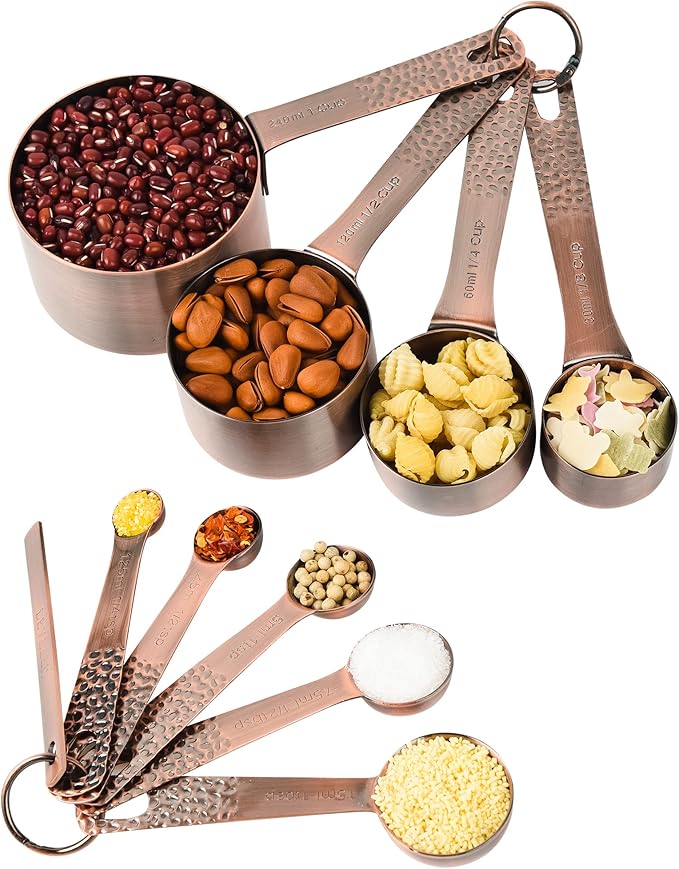 Measuring Cups and Spoons Set 10, Copper Measuring Cups and Spoons Set for Baking & Kitchen, Metric & US Stainless Steel 4 Measure Cups and 5 Spoons with Leveler