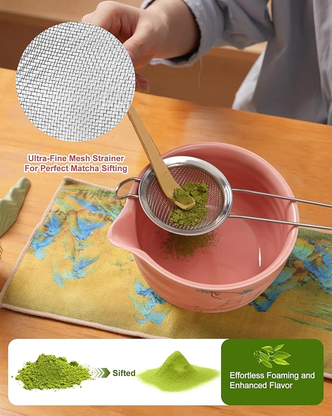 Matcha Set - Japanese Matcha Kit Set 7-Pcs: Ceramic Bowl (Chawan), Matcha Whisk and Holder, Bamboo Scoop, Scoop Rest, Sifter and Towel - Authentic Tea Ceremony Tools for Tea Lovers (Hot Pink)