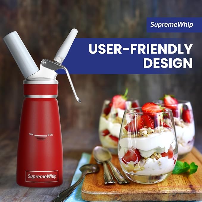 PRO Cream Dispenser, Durable High-Grip, Metal Lid with Rubber, 3 Nozzles, for Hot/Cold Use, Cleaning Brush Included, Red - 250 ml / 1 Pint