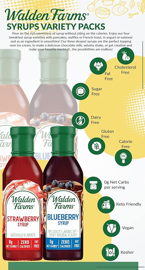 Walden Farms Syrup Variety Pack – Blueberry & Strawberry – Zero Calorie, Sugar-Free, Low Carb, Keto-Friendly, Gluten-Free, Vegan – 12 oz Bottles (Pack of 2)