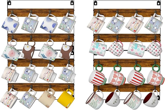 Rustic Wood Coffee Mug Rack - Wall Mount Cup Holder Shelf Storage for Kitchen, Home, Bar, Office (4 Pack, Holds 32 Mugs)