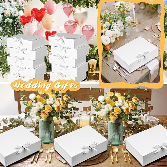 12Pack White Gift Boxes with Lids, 12×9.8×3.1 Inch Gift Box with Ribbon, Elegant Bridesmaid Proposal Box for Wedding, Birthday, Party, Christmas, Bridesmaid, Graduation