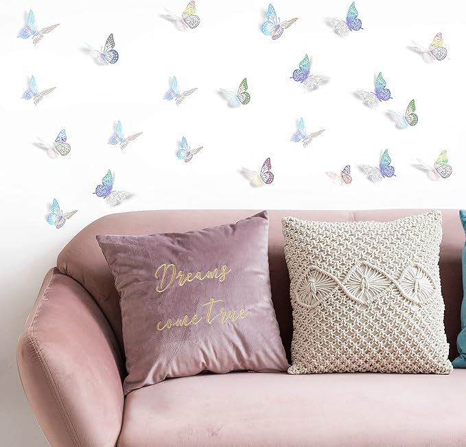 SAOROPEB 3D Butterfly Wall Decor, 72 Pcs 3 Styles 3 Sizes, Removable Metallic Wall Sticker Room Mural Decals for Kids Bedroom Nursery Classroom Party Decoration Wedding Decor DIY Gift (Laser)