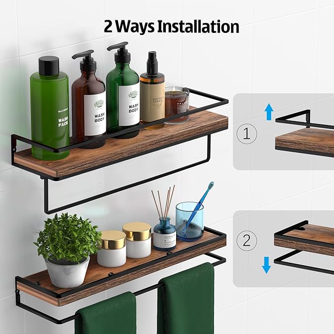Meangood Floating Shelves Wall Mounted Set of 2, Wall Shelf with Towel Bar Rustic Wood Wall Storage Shelves for Bedroom,Living Room,Bathroom, Kitchen Rustic Brown