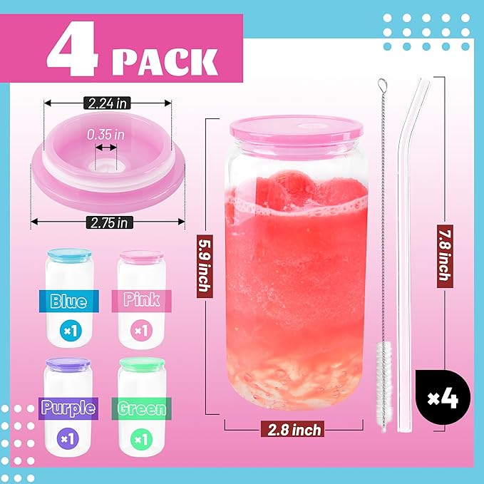 Joyclub 4pcs Glass Cups with Acrylic Lids and Straws 16 oz Can Shaped Glass Iced Coffee Cups with Lids and Straws, Cute Tumbler Cup Drinking Glasses for Smoothie Whiskey Boba Soda Tea Gift