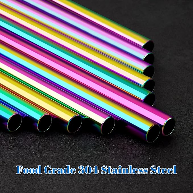 Tomorotec 8PCS Stainless Steel Straws for Stanley Tumbler 40oz, 12" Metal Straws for Stanley Cup with Brush, Reusable Drinking Straws for Smoothies, Milkshakes, Dishwasher Safe & BPA-Free (Iridescent)