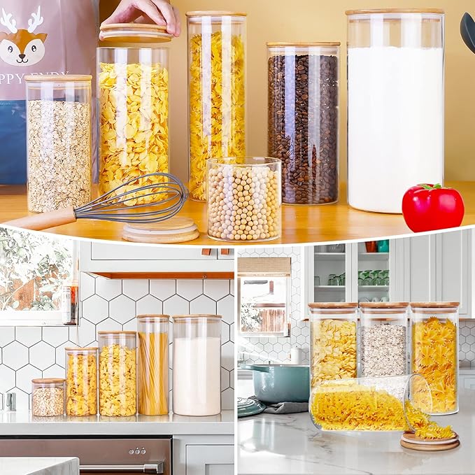 Large Glass Flour and Sugar Containers 180oz x2 & 93oz x2 [Set of 4], Glass Food Storage Containers with Bamboo Lids, Glass Jar with Airtight Lid for Spaghetti Pasta,Rice,Cereal,Coffee, Oat