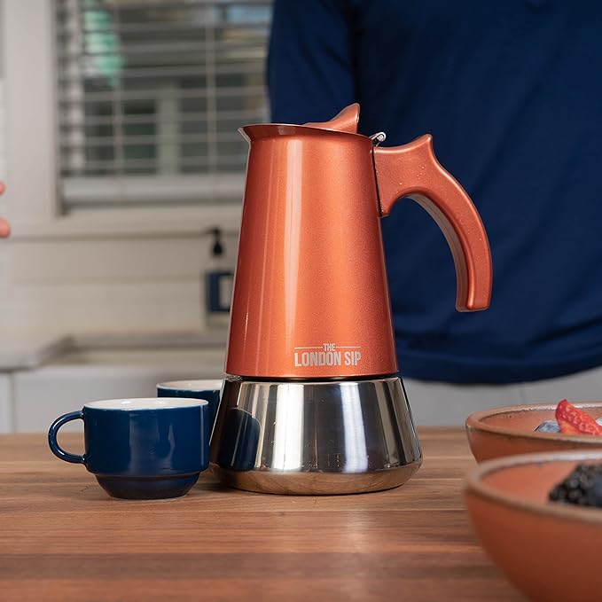 London Sip Stainless Steel Stovetop Espresso Maker Moka Pot Italian Coffee Percolator, Copper, Small (5.07 oz)