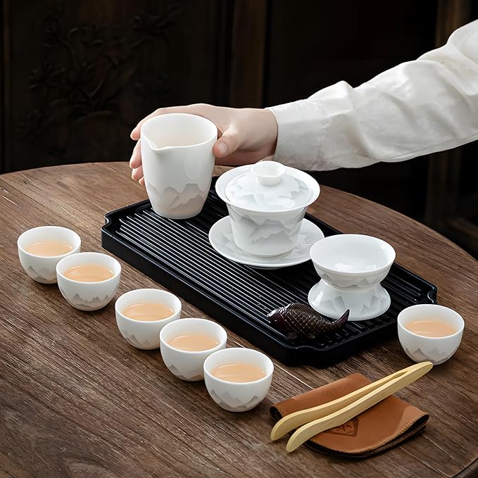 ICHAG Chinese Tea Set, Gongfu Tea Sets for Adults, China Gaiwan Teaset, 14-Piece Yangzhi Jade (茶具) Porcelain Set with Suspended Gaiwan & Tea Pet, Portable Travel Teaset for Home, Outdoor, Office Gifts