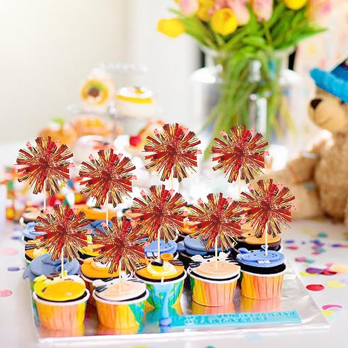 30 PCS Foil Firework Cupcake Toppers Sparkle Tinsel Cupcake Picks Happy Birthday Cake Decorations Drink Stirrers Cocktail Food Fruit Toothpicks for Baby Shower Graduation Party Supplies Red Gold