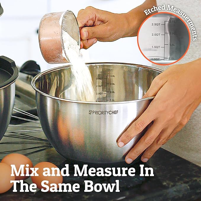 Priority Chef Premium Mixing Bowls With Lids Set, Airtight Lids, Thicker Stainless Steel Mixing Bowl Set, Large Prep Metal Bowls, Nesting Bowls for Kitchen, 1.5/2/3/4/5 Qrt, Black