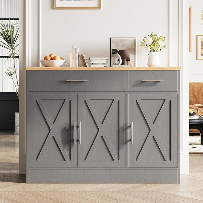 Vongrasig 43” Sideboard Buffet Cabinet with Storage, Farmhouse Coffee Bar with Drawers and Shelves, Wood Buffet Table for Kitchen Dining Room, Living Room, Grey