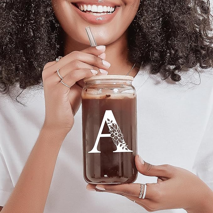 Personalized Gifts for Women, Monogrammed Glass Cups with Lids and Straws, Custom Tumbler, Cute Customized Mug, Aesthetic Stuff, Initial Iced Coffee Cup, Drinking Glasses, Birthday Teacher Gifts, B