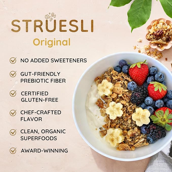 Struesli Original Organic Granola, Grain & Gluten Free, Healthy Snacks with Chia Seeds, Nuts and Sea Salt, Prebiotic High Fiber Food for Yogurt, Cereal & More, Plant Based, Keto & Paleo Friendly, 9 Oz