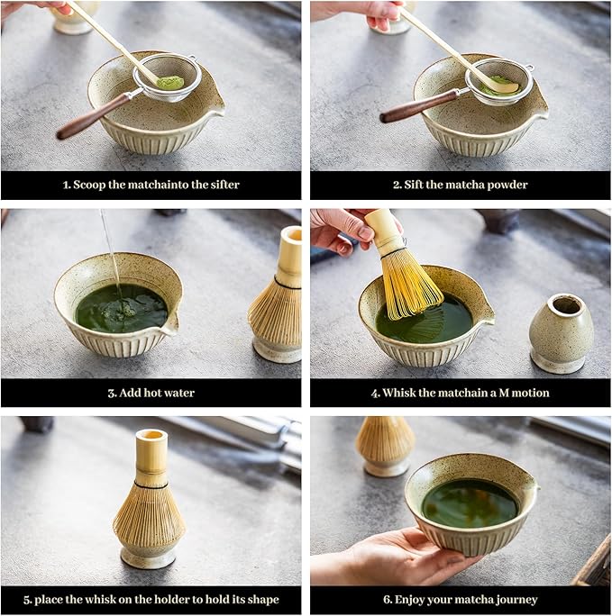 Matcha Set - Match Bowl with Spout and Whisk, 11 OZ, Scoop, Whisk and Holder, Sifter - 5pc Perfect Matcha Kit for Tea Ceremony (Mottled vintage)