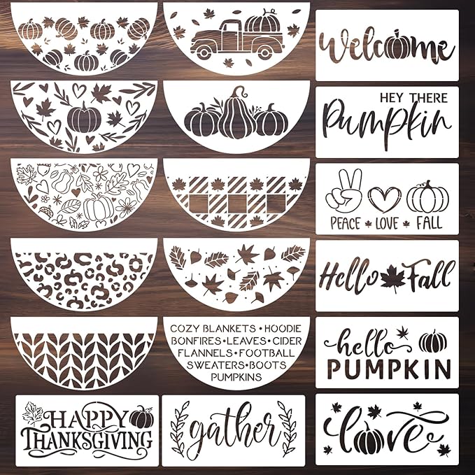 Fall Stencils for Painting on Wood Pumpkin Stencil Fall Leaves Maple Half Round Hello Fall Stencils for Door Mats Porch Hanger Decor