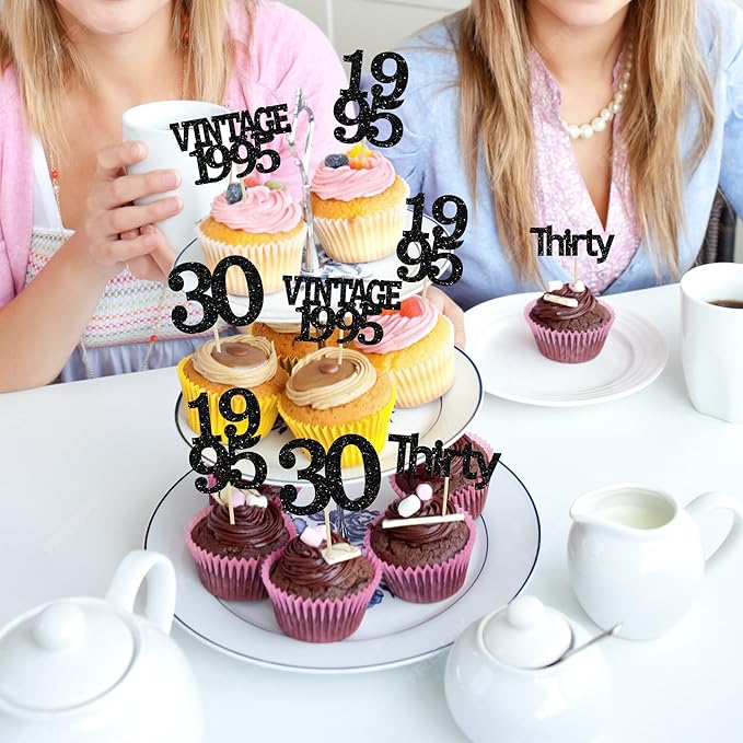 Gyufise 24Pcs Vintage 1995 Cupcake Toppers Cheers to 30 Fabulous Thirty Cupcake Picks Decorations for 30th Birthday Wedding Anniversary Party Supplies Black