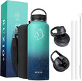 BUZIO 40 oz Water Bottle Insulated with Straw & 3 lid and Carrying Pouch, Leak Proof Anti-Slip Stainless Steel Water Flask Jug, Cold for 48 Hrs Double Vacuum Thermo Canteen, BPA-Free, Starry Pacific
