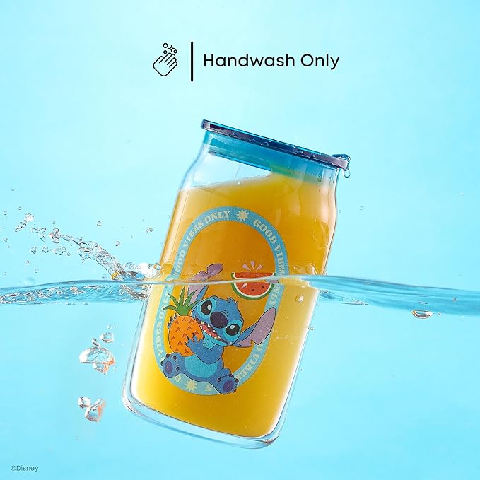 JoyJolt Disney Stitch Island Vibes Glass Tumblers with Lids and Straws, 16oz Glass Cups with Lids and Straws, Can Shaped Drinking Glasses Set of 4, Stitch Stuff, Disney Gifts for Adults