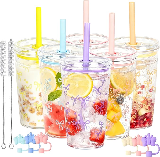 Clear Tumbler Cup, 16 oz Plastic Iced Coffee Cup with Lid and Straw, 6 Pack, Reusable and Dishwasher-Safe, for Gatherings and Outdoor Adventures (6, Bow Tie)