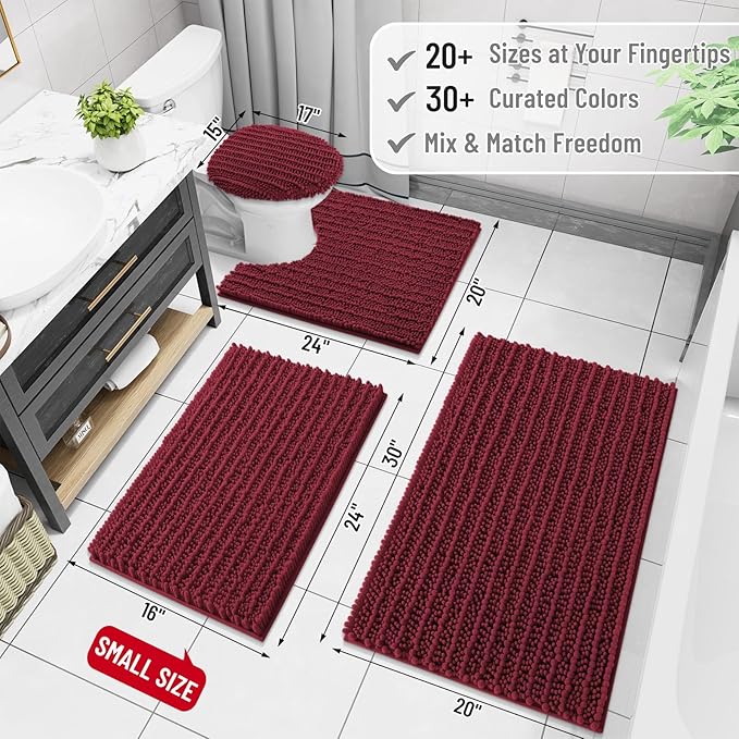 Arotive Luxury Chenille Bathroom Rug Mat, Extra Soft Thick Absorbent Shaggy Bath Rugs, Non-Slip Machine Wash Dry, Plush Bath Mats for Bathroom, Shower and Tub, 54x24, Burgundy