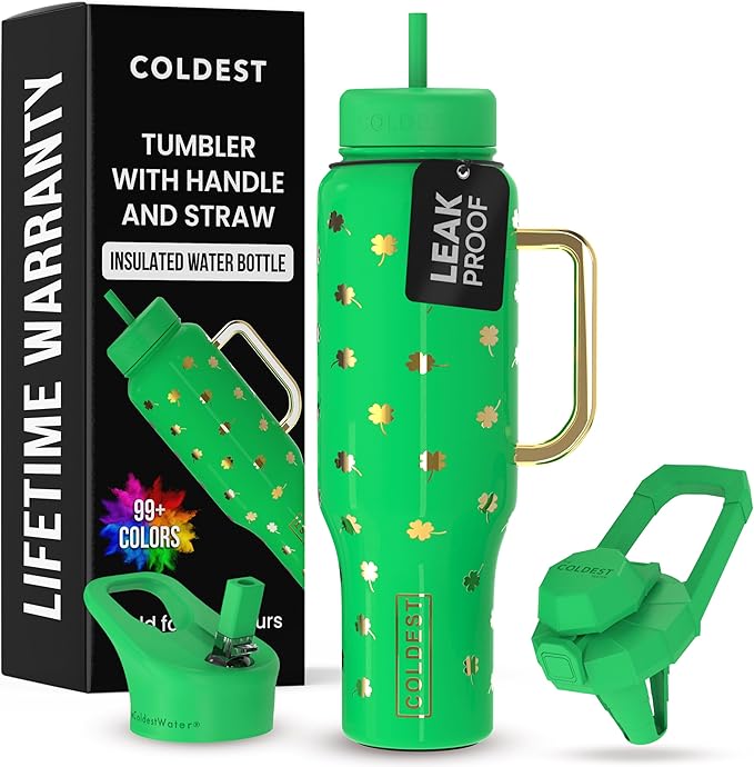 Coldest 40 oz Tumbler with Handle and Straw - 100% Leak Proof Insulated Tumbler with Lid and Straw (3 Lids) - Stainless Steel Tumblers for Women & Men - Cup Holder Friendly Base, 46 oz (Lucky)