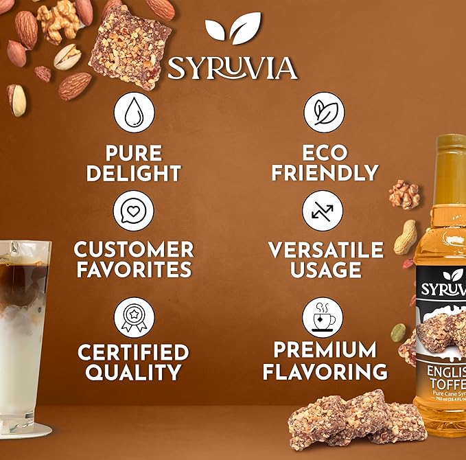 Syruvia Pistachio Latte Syrup & English Toffee Syrup - 25.4 fl oz. Premium Coffee Flavoring Syrup. Kosher, & Gluten-Free. Perfect for Enhancing Drinks, Smoothies, Sodas, Shakes, Desserts, & More.