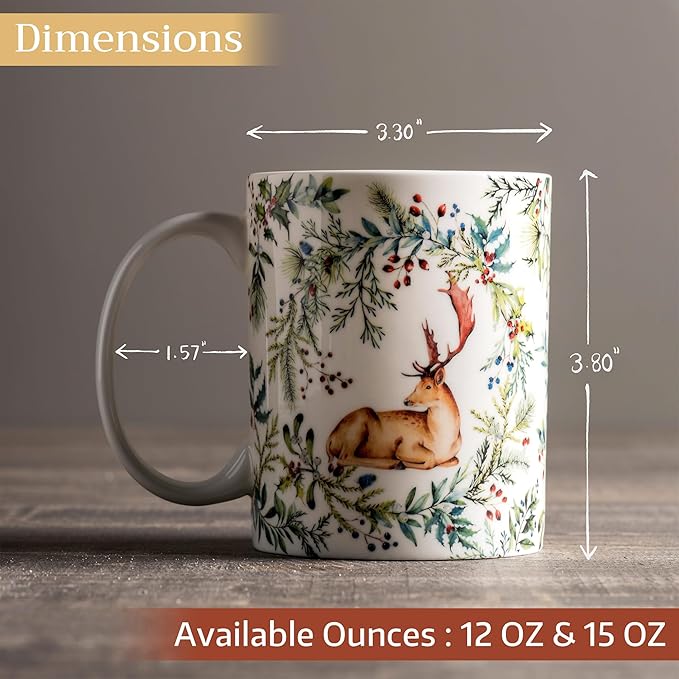 Maison d' Hermine Coffee Mug with Handles Fine Bone China Mugs Pack of One Tea Cups for Hot Beverages Cappuccino Latte Home Restaurant Office Perfect for Gift (Holly Time - Cerf, 15 Ounce)