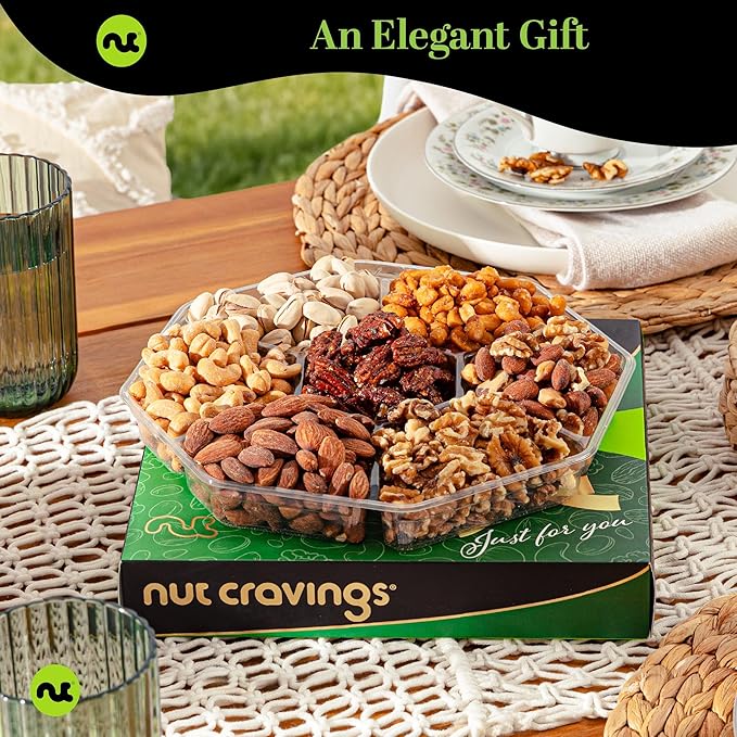 NUT CRAVINGS - Thanksgiving Mixed Nuts Gift Basket in Green Gold Box (7 Assortments, 1 LB) Holiday Xmas Christmas Food Arrangement, Healthy Snack Care Package, Food Assortments