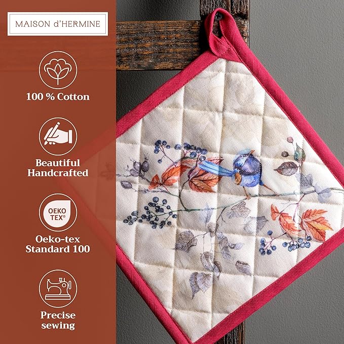 Maison d' Hermine Pot Holders Set 100% Cotton Heat Resistant Potholders 8" x 8" Hot Pads with Loop BBQ, Cooking, Baking, Grilling, Kitchen, Handling Hot Pans (Pack of 2, Equinoxe - Beige)