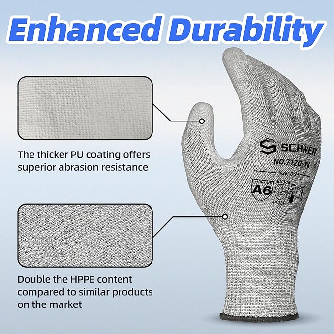 Schwer 6 Pairs ANSI A6 Cut Resistant Gloves CR7120 Cut Proof Work Gloves, Touchscreen, for Men and Women Used for Woodworking, Glass Cutting, Construction, Cargo Handling, Car Repair, XL