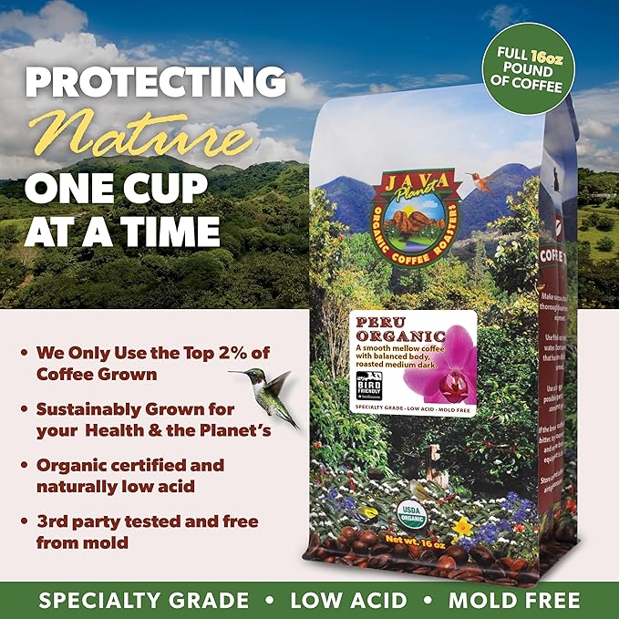 Low Acid Organic Coffee – Whole Bean, Mold-Free & Stomach Friendly by Java Planet, Peruvian Single Origin Coffee, Medium Dark Roast, Smooth Full Flavored, 2x1LB Bag