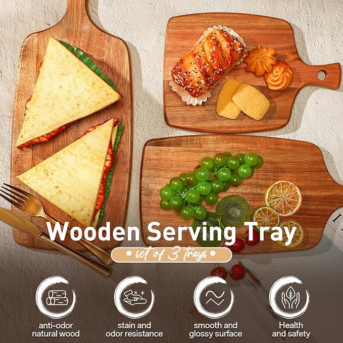 Kathfly 3 Pcs Acacia Wood Cutting Board with Handle Wooden Laser Kitchen Serving Charcuterie Board for Vegetables Meat Pizza Cheese Fruit Bread(17 x 7 Inch)