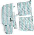 Oven Mitts & Potholder Set - Durable Heat Resistant Gloves - Thick Mittens for Kitchen - Suitable for Cooking, Baking, Grilling – BBQ - 2 Oven Mitts & 2 Potholders – Light Blue Stripes - Casa De Lan