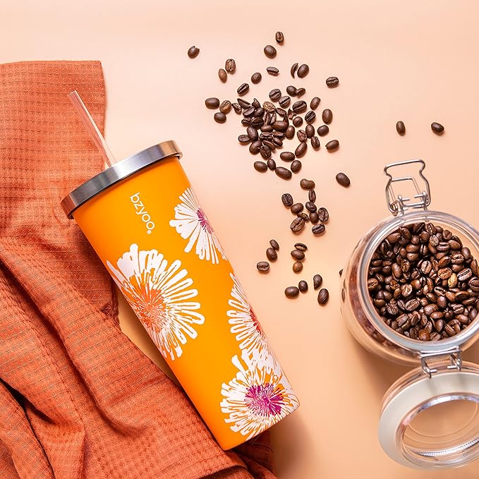 bzyoo SUP Double Wall Vacuum Insulated Tumbler with Straw and Lid Stainless Steel Water Bottle Travel Mug Cup, Mother's Day Gifts For Him & Her (710ml) Color: Orange Precious Bloom