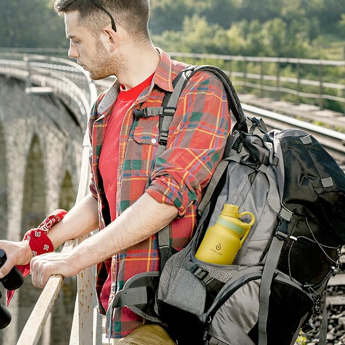 IDEUS Insulated Stainless Steel Water Bottle with 2 Leak-Proof Lids, Thermal Water Flask for Hiking Biking, 32oz, Bright Yellow