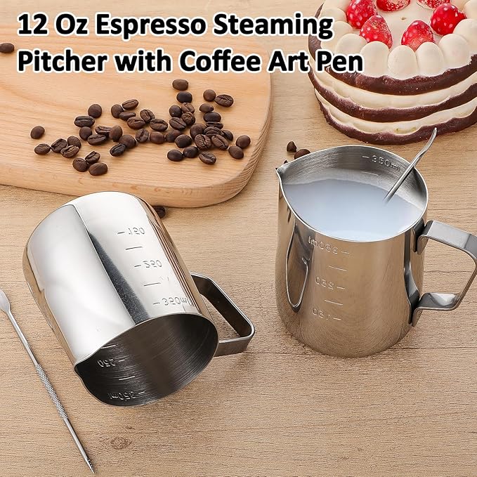 4 Pcs Stainless Steel Espresso Milk Frothing Pitcher Set with Latte Art Pen, 12 oz Milk Frother Cup, Frothing Cup for Cappuccino, Latte, Home & Cafe Use