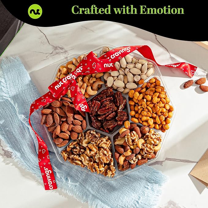 NUT CRAVINGS - Thanksgiving Mixed Nuts Gift Basket + Heart Ribbon (7 Assortments) Holiday Xmas Christmas Food Arrangement, Healthy Snack Care Package, Food Assortments