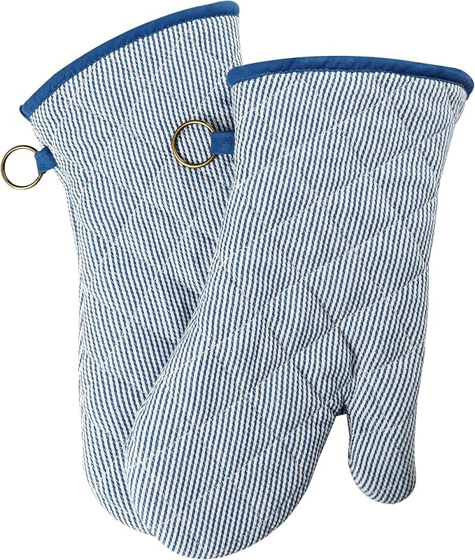 1 Pair Yarn Dyed Oven Mitts 100% Cotton Heat Resistant 470 Degree Gloves Men Women Cooking Baking Barbecue BBQ Microwave Crafting Machine Washable Pot Holders Mittens (blue2)