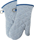 1 Pair Yarn Dyed Oven Mitts 100% Cotton Heat Resistant 470 Degree Gloves Men Women Cooking Baking Barbecue BBQ Microwave Crafting Machine Washable Pot Holders Mittens (blue2)