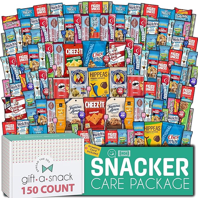 Gift A Snack - Thanksgiving, Holiday, Christmas Stocking Stuffer Snack Box Variety Pack Care Package + Greeting Card (150 Count) Birthday Sweet Treats Gift Basket, Candies Chips Crackers Bars