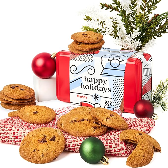 David's Cookies Happy Holidays Thin and Crispy Cookies Tin – Gourmet Crunchy Cookies in Festive Sweet Sampler – Holiday Dessert Gift for Friends Family, Christmas Treats and Seasonal Celebrations