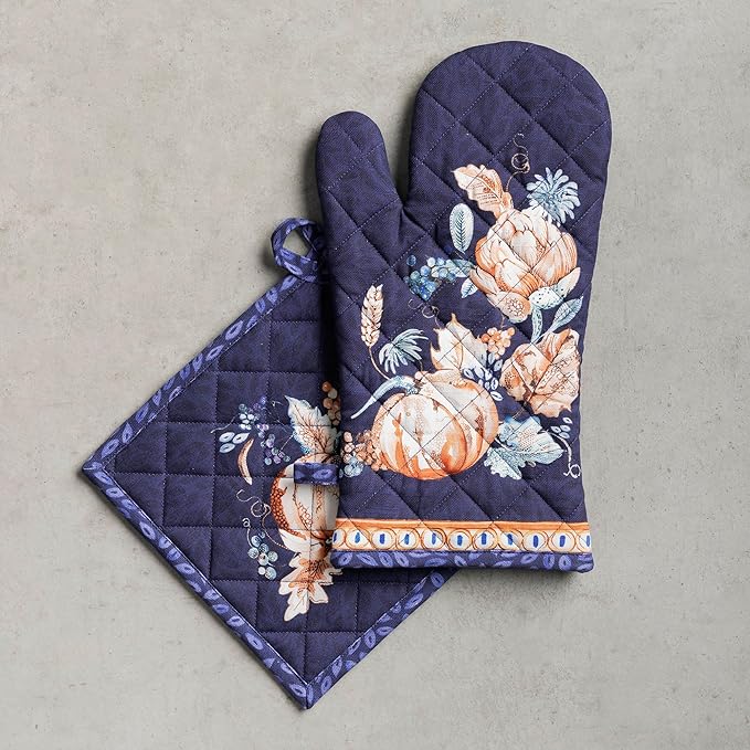 Maison d' Hermine 100% Cotton Oven Mitt & Pot Holder Set (7.5"x13" & 8"x8") Heat Resistant BBQ Cooking Gloves with Loop, Baking, Grilling, Kitchen, Handling Hot Pans (Pumpkin Blues)