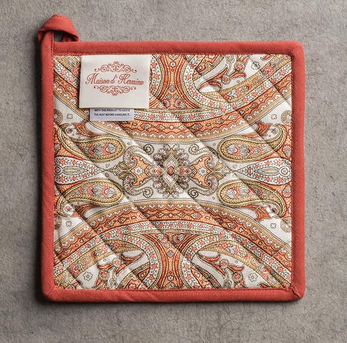 Maison d' Hermine Pot Holders 100% Cotton Heat Resistant Potholders 8" x 8" Hot Pads with Loop BBQ, Cooking, Baking, Grilling, Kitchen, Handling Hot Pans (Pack of 1, Kashmir Paisley)