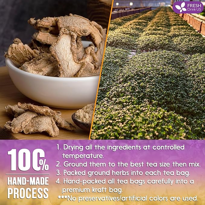 FreshDrinkUS, Premium 35 Ginger Tulsi Tea Bags, 100% Natural, Hand-made Blend of Ginger and Tulsi Holy Basil Leaves, Eco-conscious Tea Bags. Ginger Tulsi Herbal Tea. No Sugar, No Caffeine, Vegan.