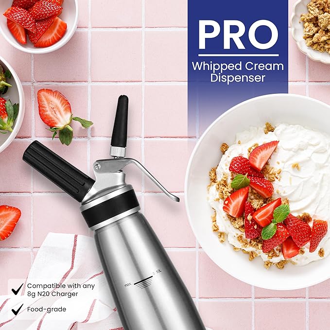 PRO Cream Dispenser, Durable High-Grip, Metal Lid with Rubber, 3 Nozzles, for Hot/Cold Use, Cleaning Brush Included, Silver - 500 ml / 1 Pint